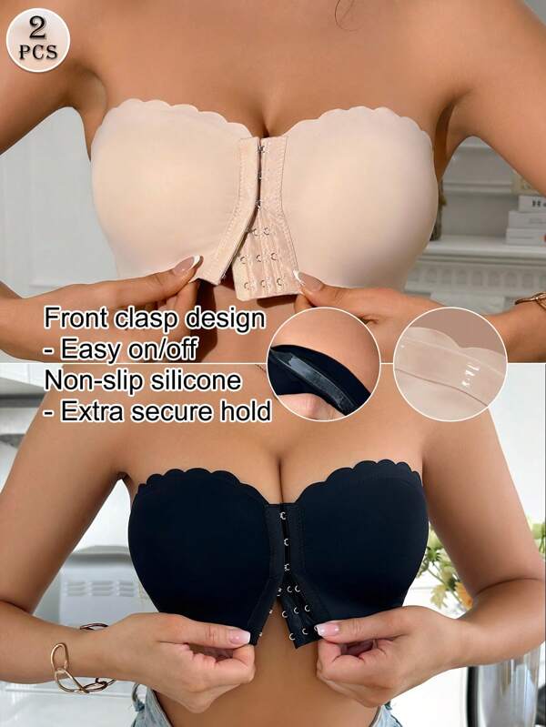 2pcs Multi-Color Front Clasp Black One-Shoulder Fan-Shaped Bustier, Upgraded Wide Silicone Non-Slip Comfortable Gather Bra, Seamless Wireless Bra For Women