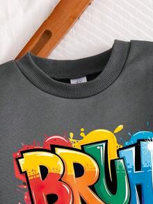 Toddler Letter Print Warm Crew Neck Sweatshirt And Pants Set - Grey - View 3