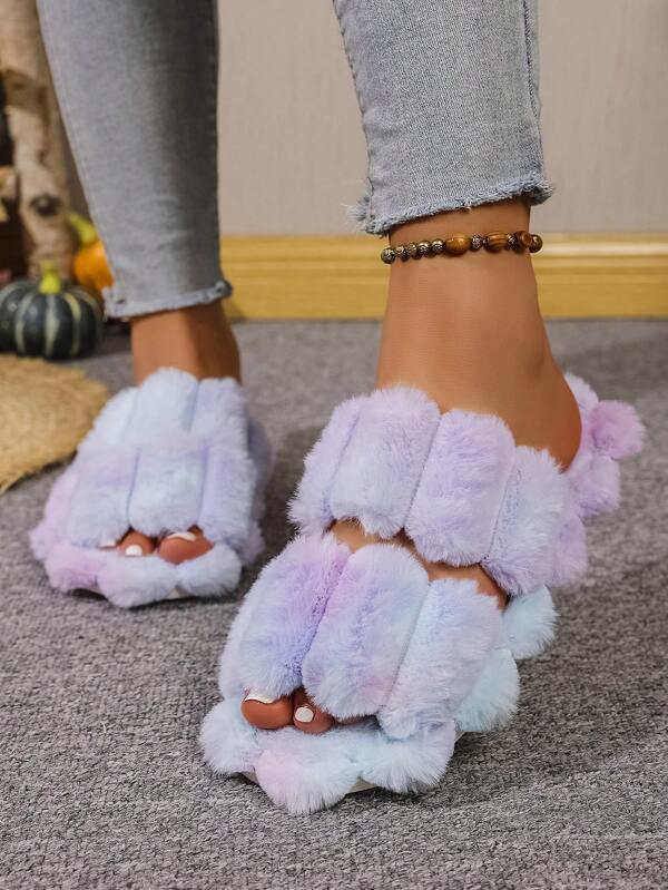 Women's Fluffy Open Toe House Slippers, Colorblock Elegant Faux Fur Fabric Slip-On Cute Girl Slippers, Comfortable Indoor Winter