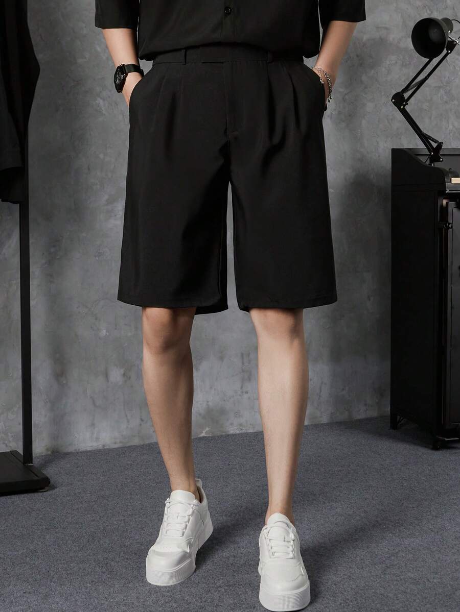 男式钩环休闲宽松直筒百慕大短裤 - 黑色 - 查看 1