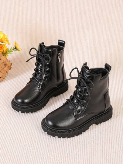 1 Pair Black Soft Faux Leather Boots For Teenagers & Youth, Round Toe Thick Sole Anti-Slip Comfortable Mid-Calf Boots With Front Lace-Up & Side Zipper, Suitable For Male & Female Students Casual, Travel, Autumn/Winter