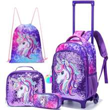 4件套女童拉杆背包，儿童亮片独角兽背包，手提包，户外包，铅笔盒，最佳返校礼物