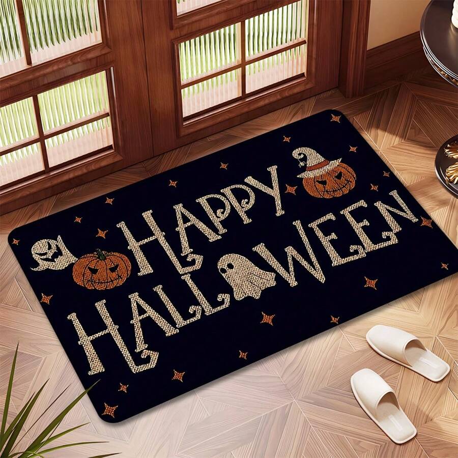 1pc Halloween Pumpkin Pattern Printed Non-Slip Linen Kitchen Rug, Doormat, Bath Mat, Suitable For Living Room, Bedroom, Hallway, Bathroom, Laundry Room - Polyester Carpet, Indoor Outdoor Home Decor, Halloween Decoration, Halloween Gift