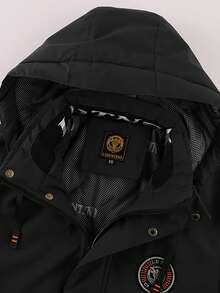 LEDUNTINO Men's Autumn/Winter Fashion Zip-Up Outdoor Casual Jacket, Solid Color, Multi-Pocket Design, Detachable Hood, Letter Print, Boyfriend Gift, Thick Style, Suitable For Autumn/Winter Outings And Daily Wear, Winter Tops