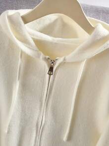 女式宽松短款连帽纯色针织开衫，秋冬 - 白色 - 查看 3