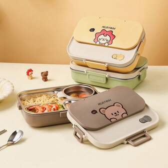 1500ml 4/5-fack söt tecknad matbehållare i 304 rostfritt stål, levereras med bestick och soppskål, läckagesäker förvaringslåda för fruktsallad, bärbar matlåda med stor kapacitet, avdelad matlåda, mikrovågsugn, lämplig för studenter och vuxna hemma, i skolan, på kontoret, vid picknick, camping