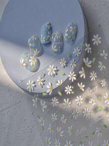 新款5D立体浮雕花朵美甲贴纸，浪漫春日雏菊图案DIY美甲贴花 - 白色 - 查看 5