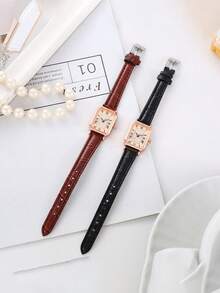 1pc Square Roman Numeral Dial Bamboo Strap Quartz Watch, Suitable For Birthday Gift, Back To School, Summer Vacation Gift (No Box) - Rose Gold - View 5