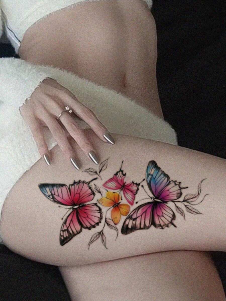 Waterproof Temporary Tattoo Stickers, 2 Sheets Watercolor Colorful Butterfly Pattern, Long Lasting Fake Body Tattoos For Thigh, Arm, Wrist, Women Festival Body Decor - Multicolor - View 1