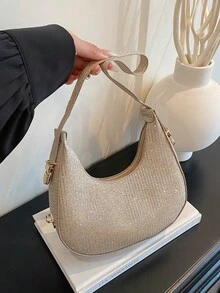 1pc Zipper Closure PU Solid Color Crescent Underarm Bag, Fashion Retro Office Shoulder Bag, Versatile Baguette Bag, Shiny Women Party Evening Bag, Suitable For Daily Use And Attending Banquets - Gold - View 2