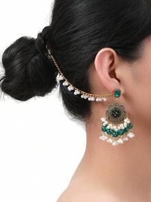 2pcs 2024 New Bohemian Style Women Jewelry Earrings - 1 Pair Vintage Finish Zinc Alloy Earrings With White/Black/Green Rhinestones & Faux Pearl Beads Tassel Design, Perfect For Daily Wear And Gifting