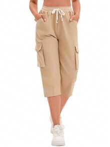 2025 年夏季女士时尚实用七分裤，带松紧腰带和口袋，休闲街头服饰