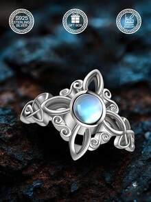 1 Stück S925 Sterling Silber Mondstein Hexenknoten Ring, Schmuck für Frauen, geeignet für tägliche Dekoration, Osterdekoration, Musikfestival Dekoration, Ostergeschenk, Weihnachtsgeschenk, Hochzeitsgeschenk, kommt mit Geschenkbox