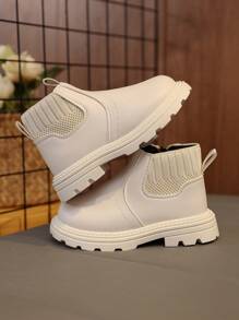 1 双幼儿/儿童柔软舒适弹性面料 + PU 皮革靴子，保暖衬里拉链设计圆头软底，简约英伦风格男童女童踝靴，适合室内、室外、学校、秋冬