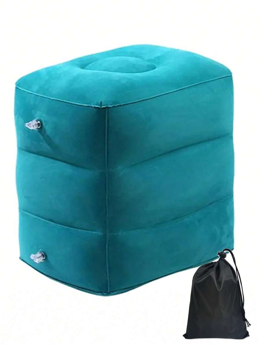 1 pieza Cojín inflable para descansar los pies con bolsa de almacenamiento, inflación activada por presión, ultraligero y plegable, soporte cómodo para los pies, adecuado para avión, coche y autobús, esencial para hombres y mujeres - Azul Cadete - Ver 1