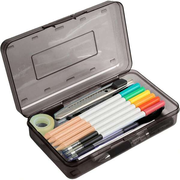 Estuche de lápices, caja de lápices de plástico rosa de doble capa con gran capacidad, caja de crayones transparente, cajas de bolígrafos duras con tapa a presión, caja de almacenamiento para manualidades y organizador de marcadores para útiles escolares y de oficina