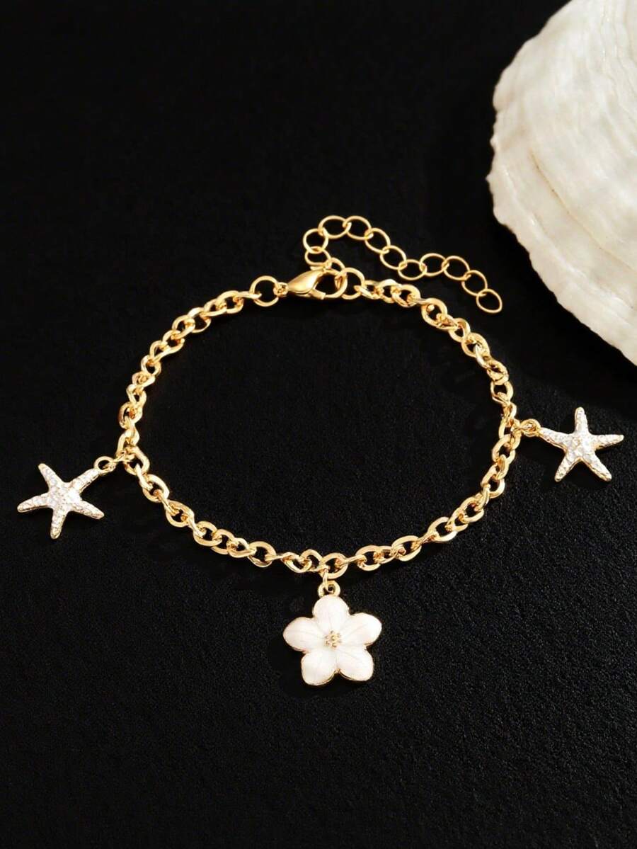 1pc Delicate Sweet Flower & Starfish Decor Bracelet For Girls Summer Beach Party Travel Vacation Jewelry Accessory For Daily Wear - White - View 1