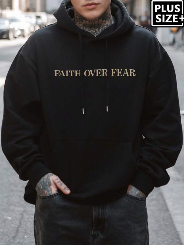 Plus Size Casual Hoodie For Men, Thin Drawstring Pullover For Fall And Winter, Front Pockets Slightly Elastic Sweatshirt, Long Sleeve Top