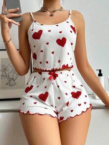 Two-Piece Set Women's Heart Print Cami Top & Lettuce Trim Shorts Pyjama, Casual Cute Comfy Adjustable Spaghetti Strap Camisole & Shorts Pj Set, Ladies Summer Sleepwear, Pajama Sets Women, Womenswear - 紅白色 - 查看 1