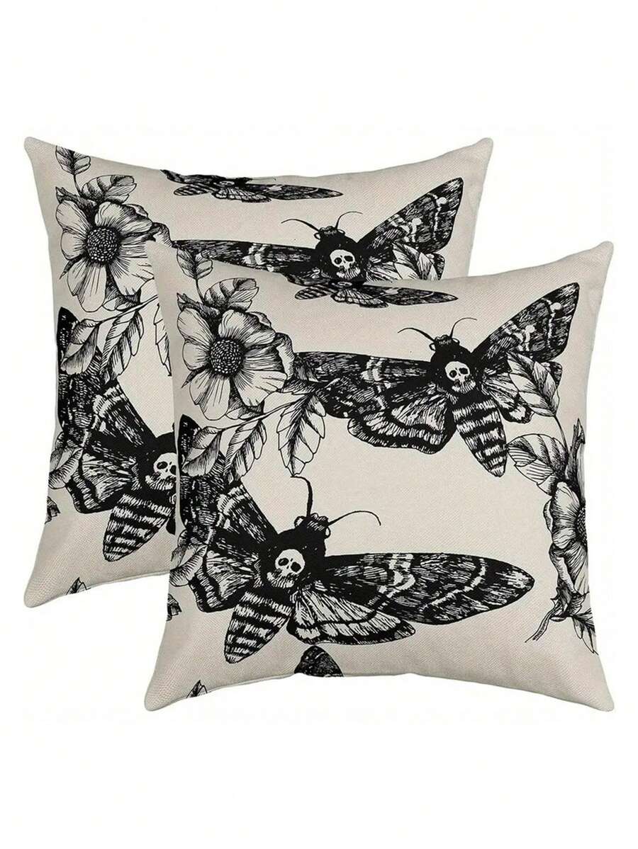 1/2/4Pcs Gothic Skull & Moth Throw Pillow Covers, Boho Chic Square Cushion Cases For Bedroom Decor, Machine Washable With Zipper Closure, Line, 17.7x17.7inch Without Pillow,Fall Decor,Autumn Decor,Room Decor