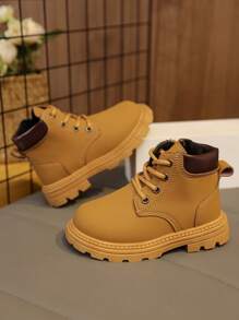 1 Pair Toddler/Kids Soft Suede PU Boots, Front Lace-Up, Side Zipper, Round Toe, Soft Sole, Retro British Style, Warm & Cute, Suitable For Boys & Girls, Everyday & School Wear, Autumn/Winter