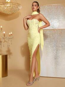 Đầm phù dâu cúp ngực, xẻ cao đến đùi, đính ngọc trai giả, thích hợp cho các dịp tiệc tùng. - Màu Mù tạt vàng - Xem 5