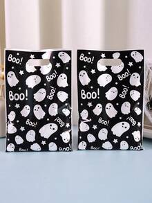 10/20/50 túi quà Halloween đen trắng có quai xách, túi nhựa đựng quà hình ma dễ thương dùng để trang trí tiệc Halloween 2025, túi đựng kẹo hình ma Boo, lễ hội rùng rợn, sự kiện kỷ niệm theo chủ đề đáng sợ, túi đóng gói quà tặng - Nhiều màu - Xem 8