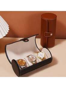 FEILIYA 1 Stück tragbare runde Uhrenbox, 3-Fach Uhrenaufbewahrungsbox, Leder Uhr- & Armband Aufbewahrungsbox (weiße Innenseite) - Verschiedenfarbig - Übersicht 1