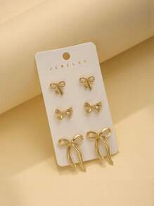 3 Pairs Of Gold Bow Earrings Set Bow Earrings Set Girls Fashion Jewelry Bow Accessories - one-size - View 4