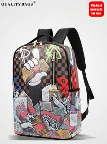 1 Stück lässiger College-Stil Rucksack, große Kapazität, Cartoon-Muster, modischer lässiger Muster, Buchstaben-Muster, Graffiti-Muster, geeignet für Männer, Festivals, Sport, Urlaub, Retro, kann Dateien halten, Reisen, Gym, Muster, Universitäts-Rucksack, Schul-Rucksack, Campus-Rucksack, Laptop-Rucksack, Rückkehr zur Schule Saison 2000er Jahre Stil