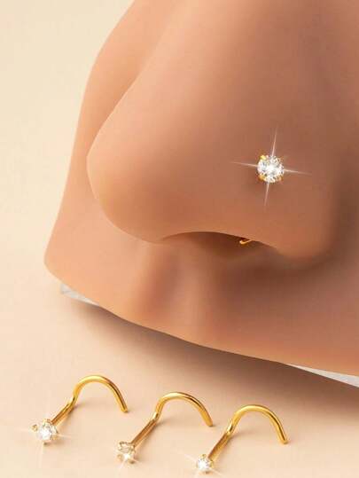 4pcs Fashion Personalized Rhinestone Embedded Round Synthetic Zirconia Nose Studs, Pierced Nose Rings Stainless Steel Nose Hoop Jewelry Set, Creative Gift For Girls