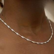 925 Sterling Silver Plated Water Wave Chain Necklace, Classic Neck Ornament Gift, Suitable For Women In All Seasons, Valentine's Day Gift For Girlfriend And Sister - Silver - View 3