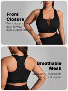 TNTOR Women Plus Size Solid Color Zipper Front Sporty Casual Bra - Black - View 3