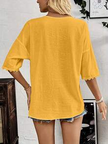 女式休闲 V 领蕾丝花边衬衫 - 涤纶梭织纯色成人蕾丝花边衬衫，常规版型，春夏系列 - 黃色 - 查看 2