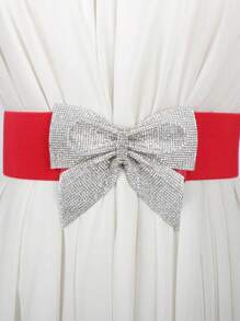 1 pieza Cinturón elástico de cintura sólido con moño de strass, adecuado para body brillante de mujer, versátil para uso diario, regalo de Navidad, todo el año