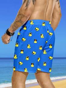 大码男士时尚黄鸭印花抽绳腰沙滩短裤，度假风格，夏威夷风 - 藍色 - 查看 2