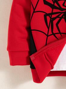 男童休闲卡通蜘蛛印花拉链落肩连帽羊毛夹克外套，秋冬