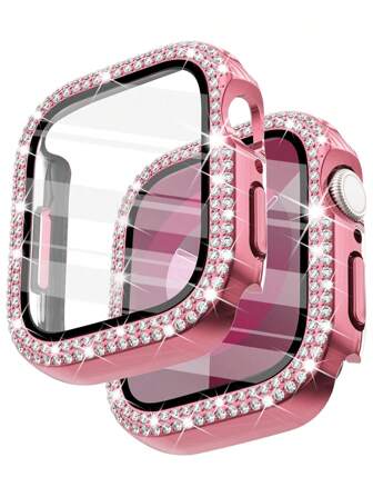 1pc Pink Men Women Shiny Rhinestone Decor Fashionable Glamorous Anti-Fall 2 In 1 Ultra-Thin Tempered Glass Screen Protector Case, Compatible With Apple Watch Case 38/40/41/42/44/45/46/49mm, For Apple Watch Series Ultra/SE/11/10/9/8/7/6/5/4/3/2/1, Intelligent Watch Accessories