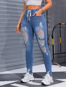 Women's Mid-Rise Stretch Skinny Jeans Casual Slim Fit Elastic Waist Denim Pants
