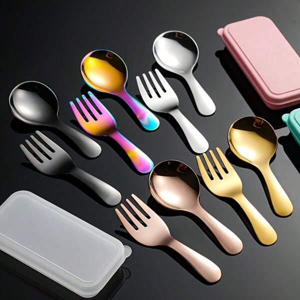 3pcs Portable Cutlery Set, Stainless Steel Short Handle Round Head Spoon, Mini Spoons And Forks, Boxed Stainless Steel Fork And Spoon, Small Short Handle Round Spoon, Short Handle Ice Cream Scoop, Stainless Steel Salt Shaker, Multi-Use Fork And Spoon For Condiments, Coffee, Desserts, Ice Cream, Cakes - Suitable For Outdoor Use, Parties, And Kitchen Use - Kitchen Utensils, Tableware Set