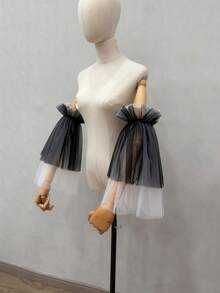 1 Pair Black & White Mesh Colorblock Petal Sleeve Arm Covers, Elastic Long Bridal Sleeve Covers - Multicolor - View 3