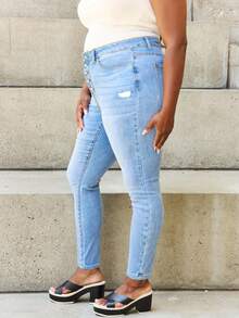 Plus Size  Jeans, Women's Plus Ripped Button Fly High Stretch Skinny Denim Pants - Light Blue - 查看 2