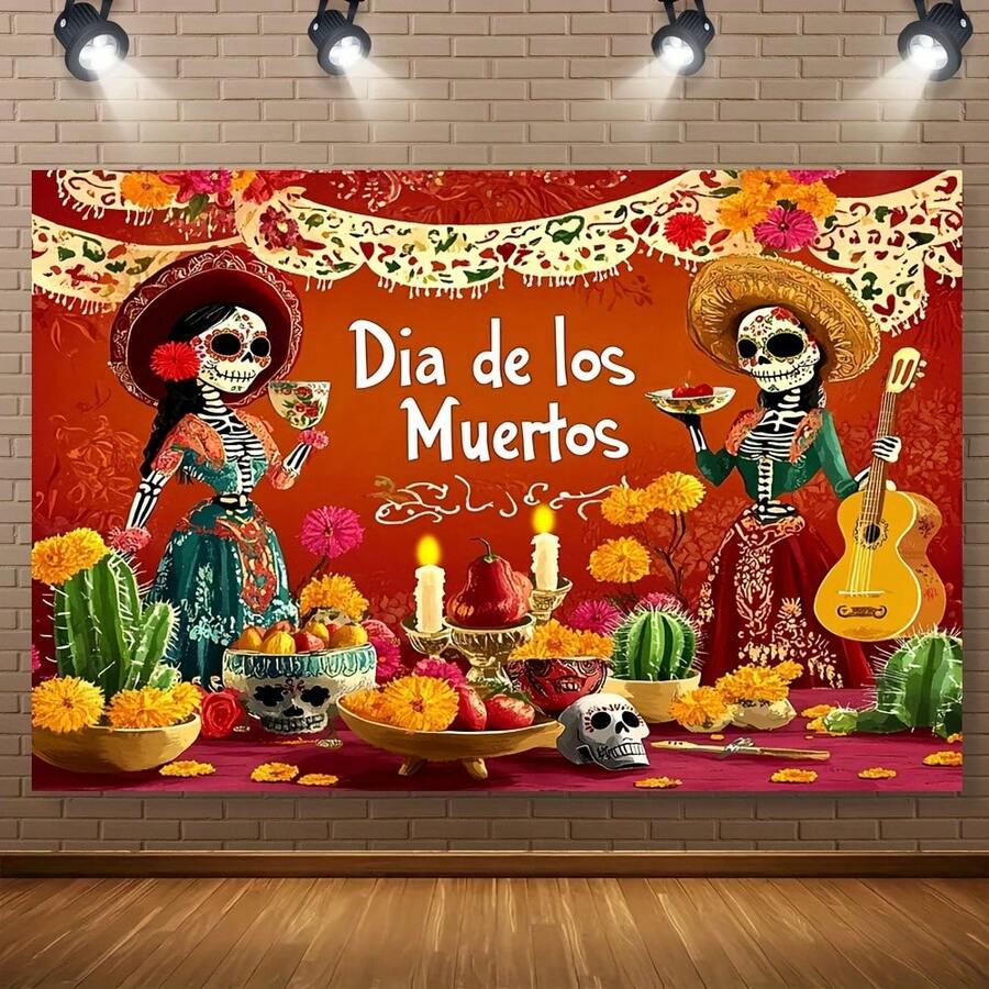 1PC 2D Flat Polyester Death Background, Sugar Skull And Flower Theme, Decoration For Dead Day Party Photo Shooting