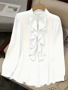 时尚女士常规长度衬衫，正面饰有荷叶边和纽扣细节，白色，春季款 - 白色 - 查看 3