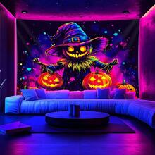 2D 单件夜光南瓜挂毯 - UV 反应荧光墙饰，带有异想天开的女巫帽设计，大号桃色和米色面料，适用于万圣节派对装饰、卧室和客厅墙壁艺术（无需安装）、万圣节家居装饰、节日房间装饰、几何图案装饰、高品质印刷、设计师内饰 - 1PCS - 查看 3