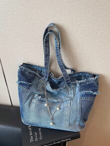 New Denim Fabric Large Capacity Tote Bag, Casual Versatile Shoulder Handbag, Underarm Carry Bag, Student School Bag - Blue - View 2