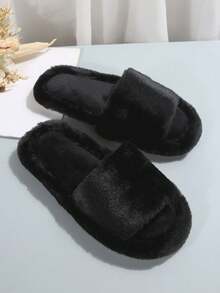 1 Pair Solid Color Casual Fabric Plush Women's Thick Bottom Slippers, Suitable For Weddings, Parties, Bridesmaids, White Fluffy Open-Toe Warm Indoor Slippers, Comfortable & Breathable For All Seasons - Black - View 6