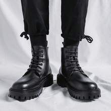 Chunky Sole High-Top Lace-Up Boots,  Streetwear Style Footwear With Durable Upper & Thick Non-Slip Outsole, Fashionable Casual Ankle Boots For Daily Wear & Urban Outfits - màu đen - Xem 5