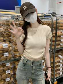 女式纯色收腰褶饰日常夏季短袖针织上衣 - 杏色 - 查看 6