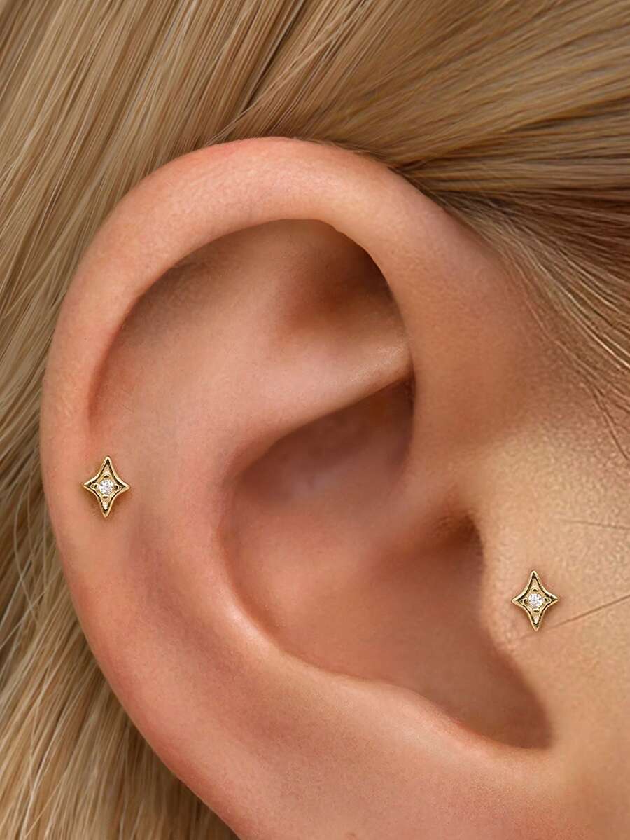 1pc Gold Mini Star Internally Threaded Lip Stud | 925 Sterling Silver Hypoallergenic Flat Earring | Cartilage Flat Earring | Back Lip Stud | Unisex Daily Wear (Sold Individually) - Multicolor - View 1